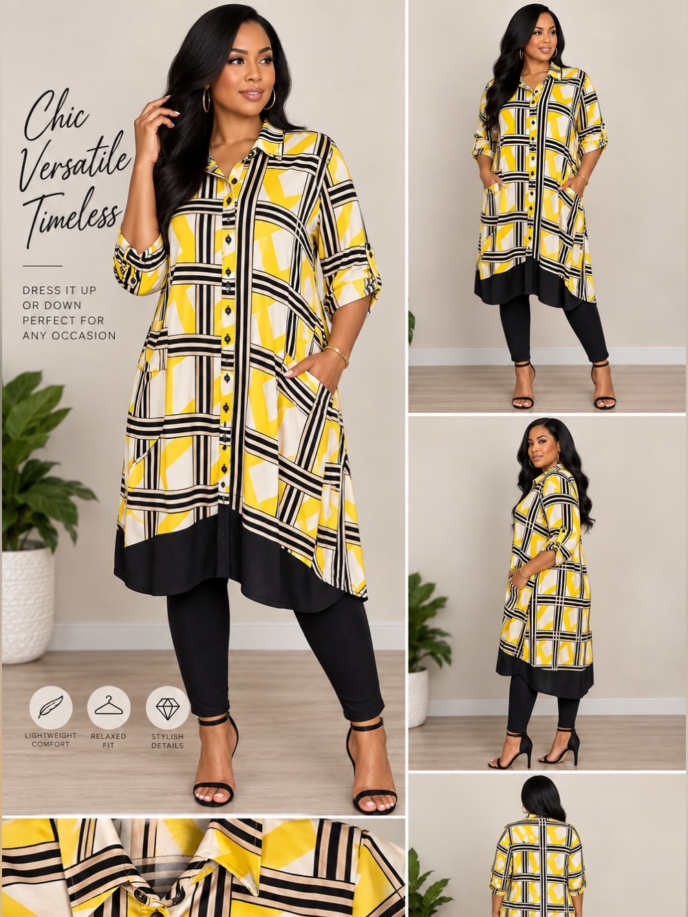 New York & Company Yellow and Black Plaid Tunic Top - New